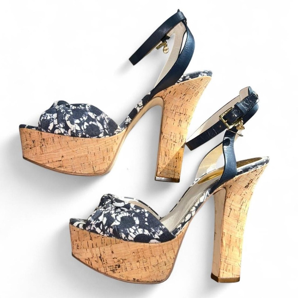 Michael Kors Navy Floral Cork Platform Ankle-Strap Heels